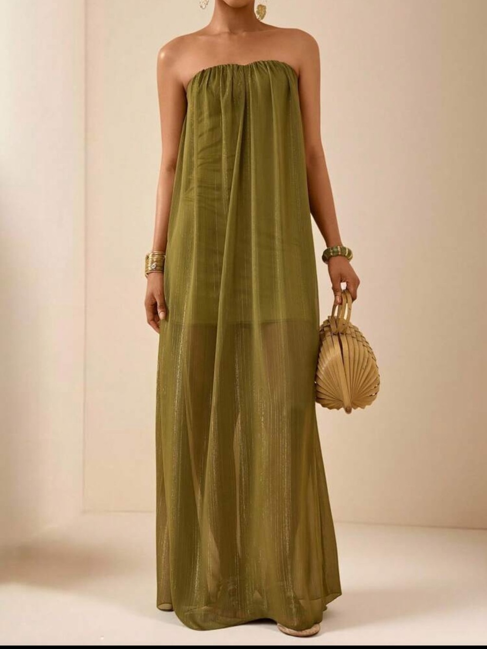 SHEIN Olive Green Strapless Sheer Maxi Dress
